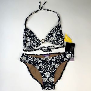 Nwt Black & White Floral Print String Bikini Cia M